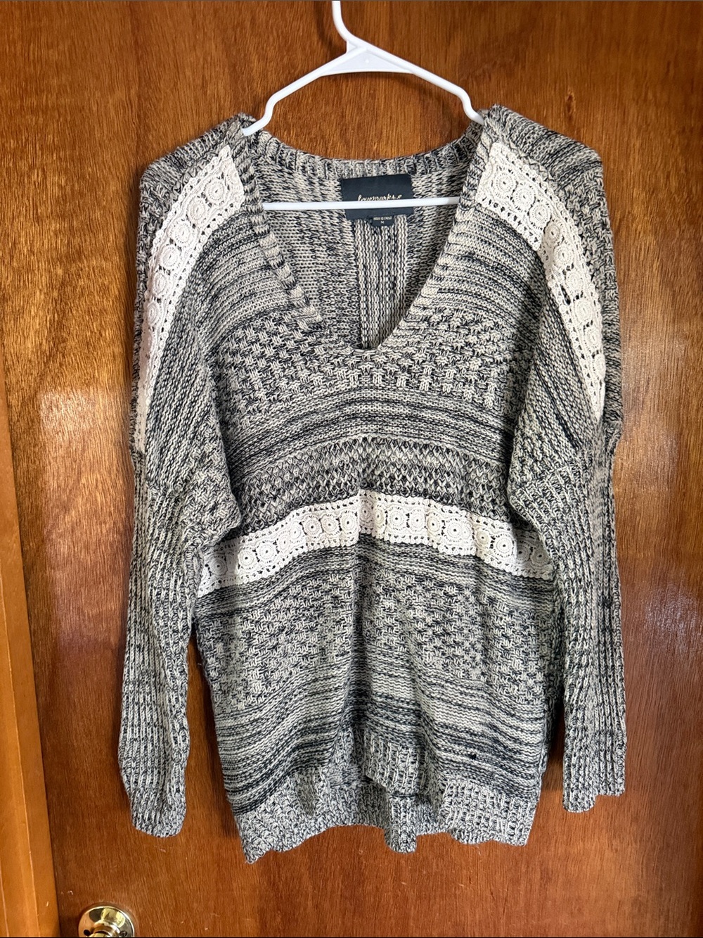 Heather Gray V-Neck Sweater with Cream Lace Trim